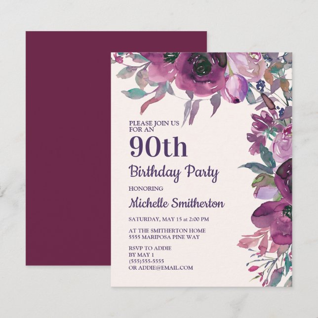 Invitación Elegante Morado Acuarela Floral 90 cumpleaños (Anverso / Reverso)