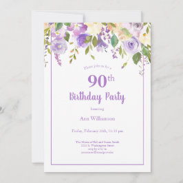 Invitación Elegante Morado Acuarela Floral 90 cumpleaños