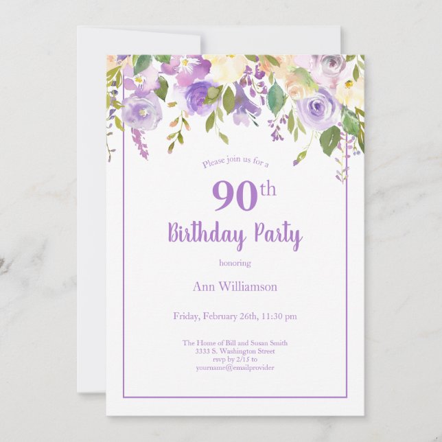 Invitación Elegante Morado Acuarela Floral 90 cumpleaños (Anverso)