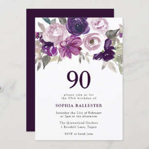 Invitación Elegante Morado Acuarela Floral 90 cumpleaños