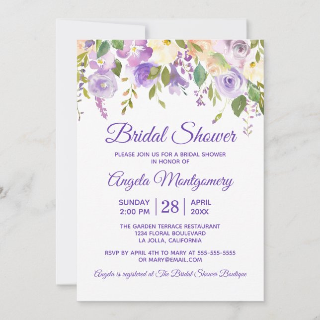 Invitación Elegante Morado Acuarela Floral Bridal Ducha (Anverso)