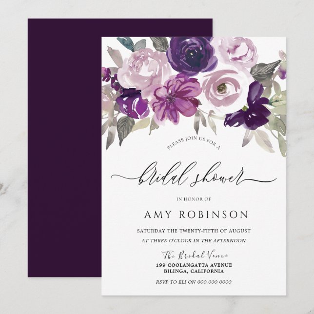 Invitación Elegante Morado Acuarela Floral Bridal Ducha (Anverso / Reverso)