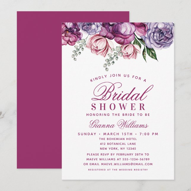 Invitación Elegante Morado Acuarela Floral Bridal Ducha (Anverso / Reverso)