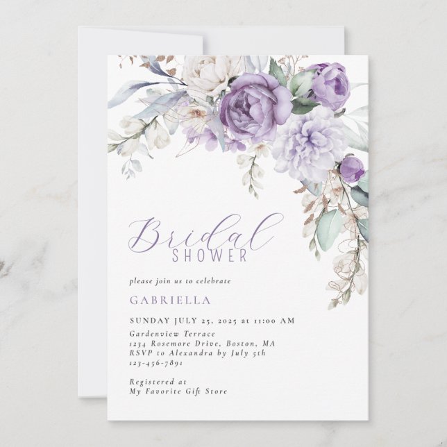 Invitación Elegante Morado Acuarela Floral Bridal Ducha (Anverso)