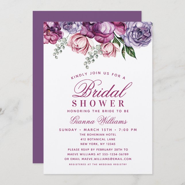 Invitación Elegante Morado Acuarela Floral Bridal Ducha (Anverso / Reverso)