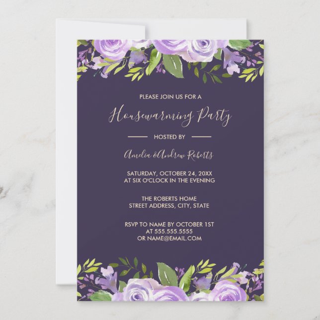 Invitación Elegante morado acuarela Floral Casa caliente (Anverso)