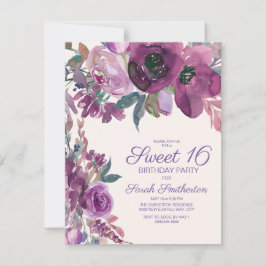Invitación Elegante Morado Acuarela Floral Dulce 16 Chicas