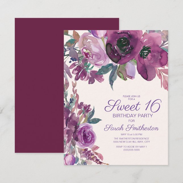 Invitación Elegante Morado Acuarela Floral Dulce 16 Chicas (Anverso / Reverso)