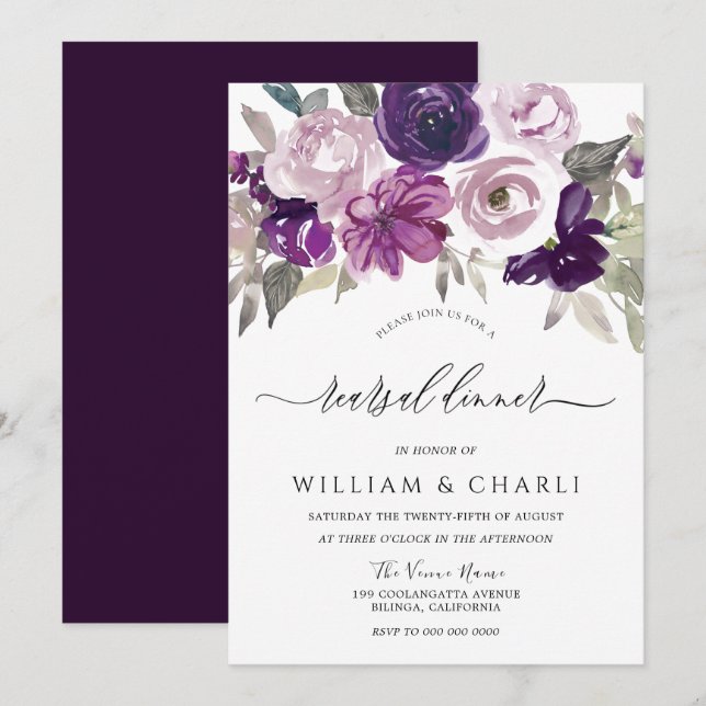 Invitación Elegante Morado Acuarela Floral Ensayo Cena (Anverso / Reverso)