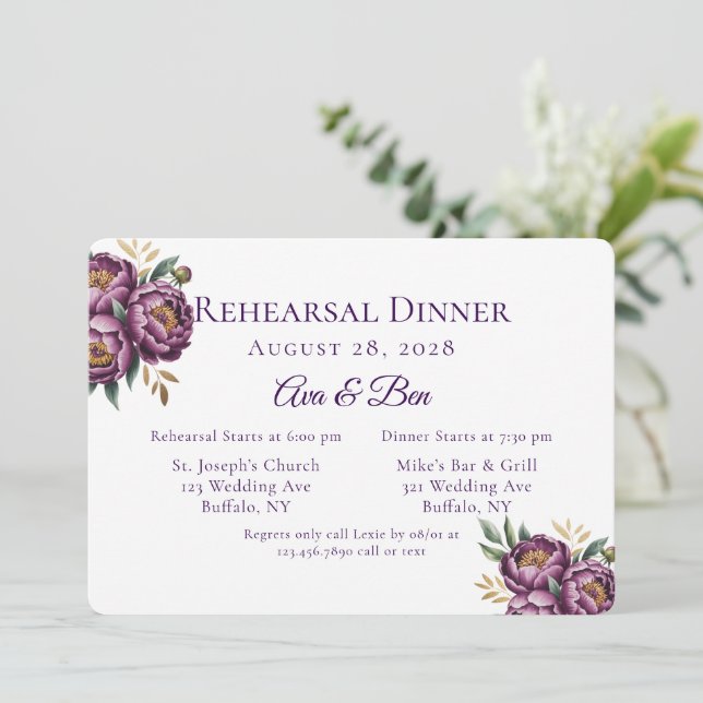 Invitación Elegante Morado Acuarela Floral Ensayo Cena (Anverso de pie)