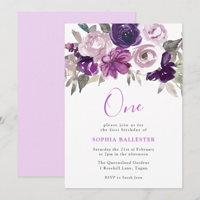 Invitación Elegante Morado Acuarela Floral Primer cumpleaños (Anverso / Reverso)