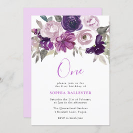 Invitación Elegante Morado Acuarela Floral Primer cumpleaños