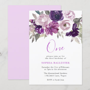 Invitación Elegante Morado Acuarela Floral Primer cumpleaños