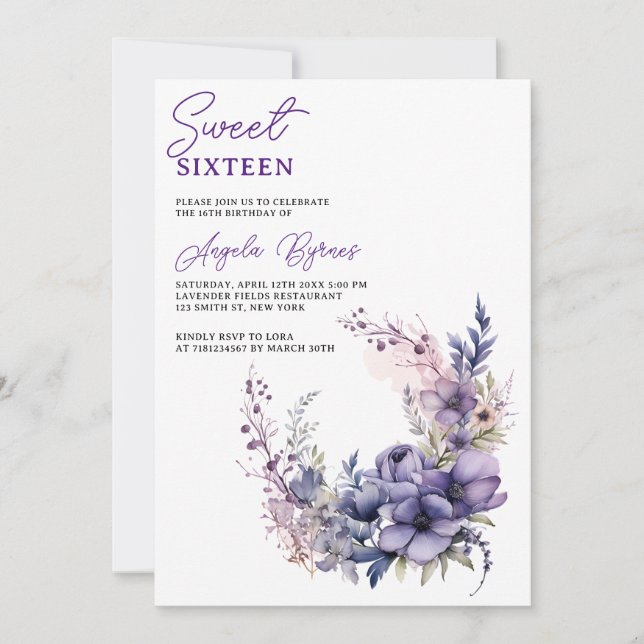 Invitación Elegante Morado Acuarela Floral Wreath Dulce 16 (Anverso)