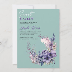 Invitación Elegante Morado Acuarela Floral Wreath Dulce 16