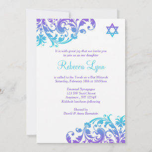 Invitación Elegante Morado Azul Turquesa Flores Bat Mitzvah