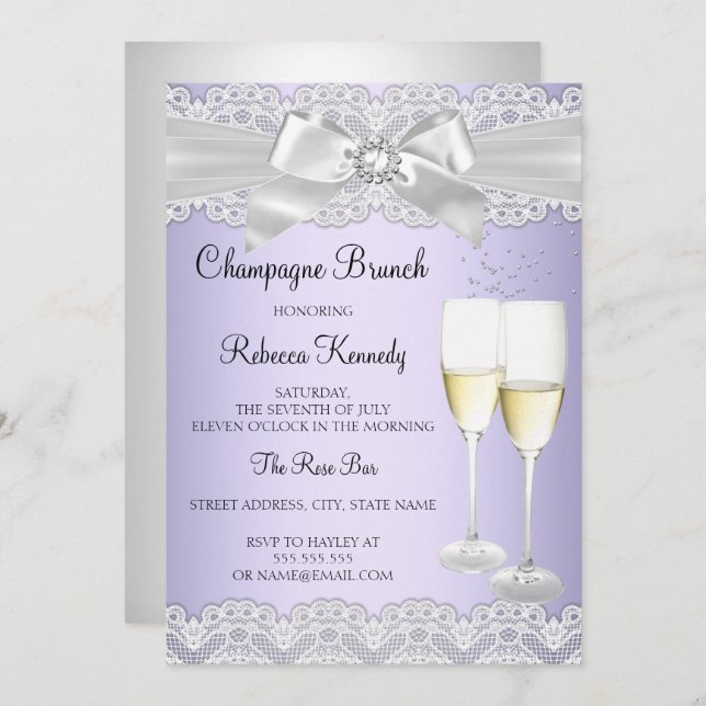 Invitación Elegante morado blanco encaje Champagne Brunch Inv (Anverso / Reverso)