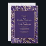 Invitación Elegante morado dorado deja 16 cumpleaños<br><div class="desc">Elegante y elegante morado profundo con hojas de oro Invitación a la fiesta de 16 cumpleaños para chicas. Póngase en contacto con nosotros para obtener ayuda sobre la personalización o para solicitar productos coincidentes.</div>