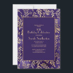 Invitación Elegante morado dorado deja 16 cumpleaños<br><div class="desc">Elegante y elegante morado profundo con hojas de oro Invitación a la fiesta de 16 cumpleaños para chicas. Póngase en contacto con nosotros para obtener ayuda sobre la personalización o para solicitar productos coincidentes.</div>