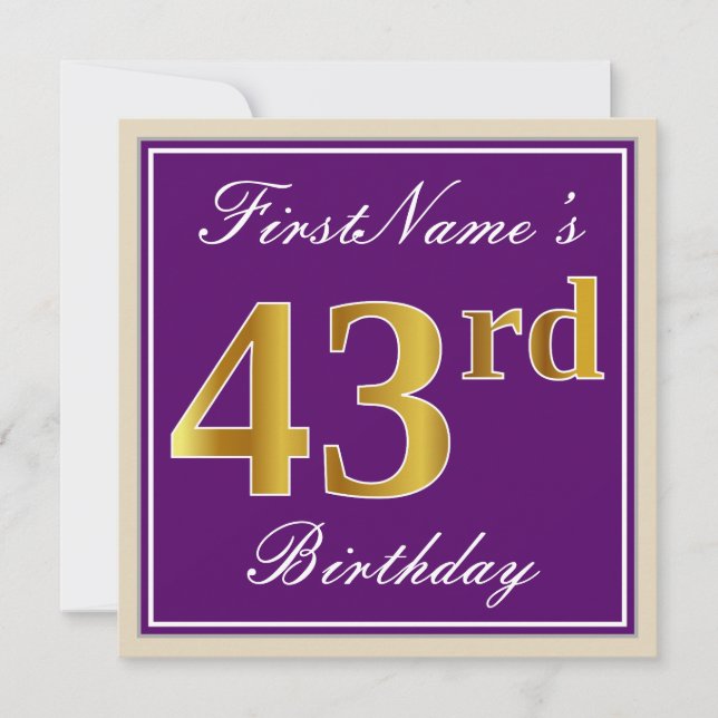 Invitación Elegante, Morado, Dorado Falso Cumpleaños 43 + Nom (Anverso)