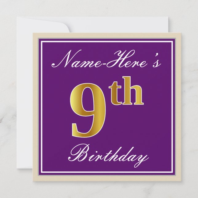 Invitación Elegante, Morado, Dorado Falso Cumpleaños 9 + Nomb (Anverso)