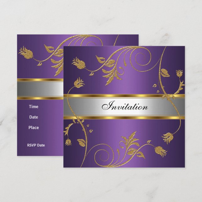 Invitación Elegante Morado Dorado Plata Floral (Anverso / Reverso)