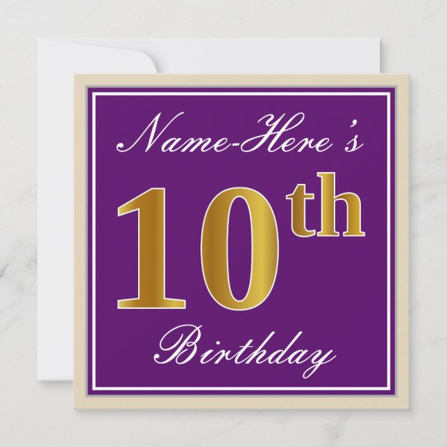 Invitación Elegante, morado, falso oro 10 cumpleaños + nombre (Anverso)