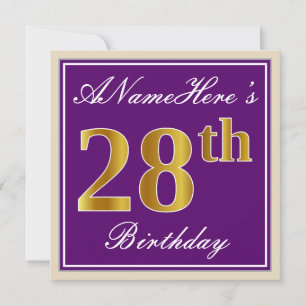 Invitación Elegante, morado, falso oro 28 cumpleaños + nombre