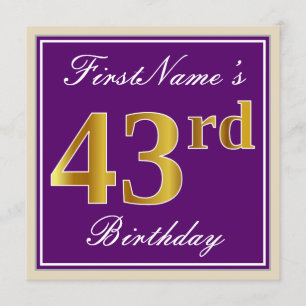 Invitación Elegante, morado, falso oro 43 cumpleaños + nombre