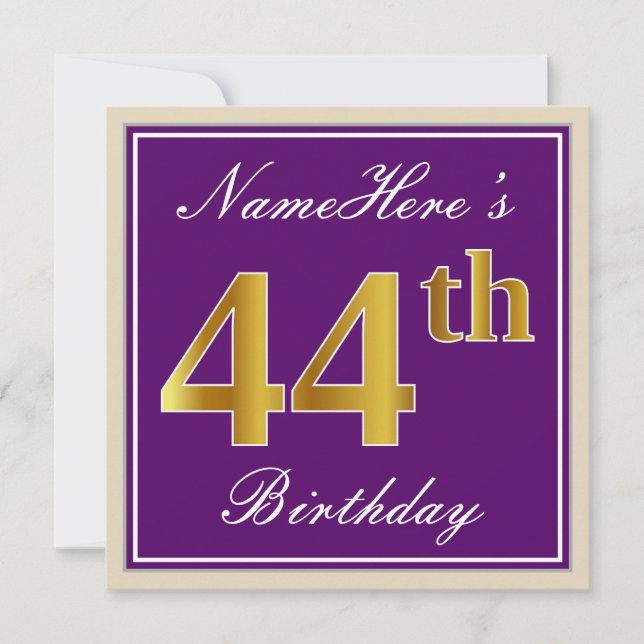 Invitación Elegante, morado, falso oro 44 cumpleaños + nombre (Anverso)