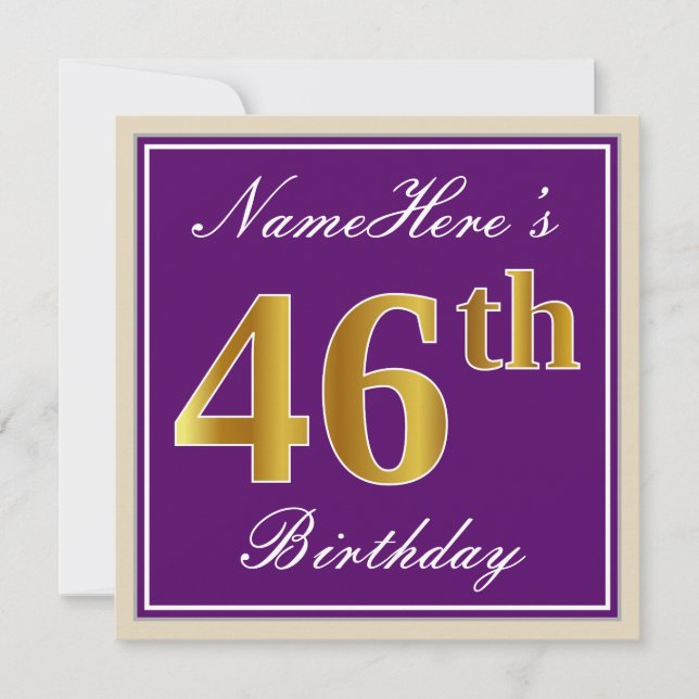 Invitación Elegante, morado, falso oro 46 cumpleaños + nombre (Anverso)
