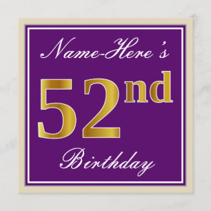 Invitación Elegante, morado, falso oro 52 cumpleaños + nombre