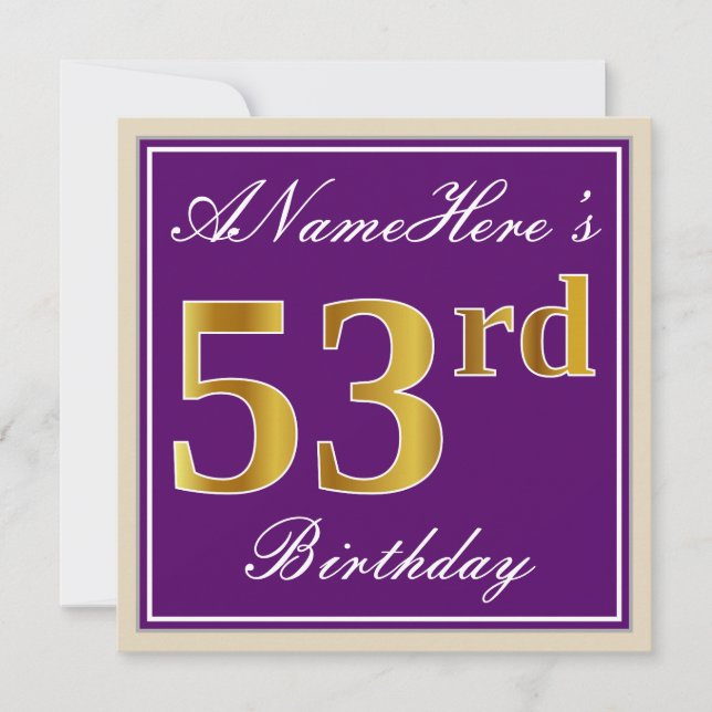 Invitación Elegante, morado, falso oro 53 cumpleaños + nombre (Anverso)