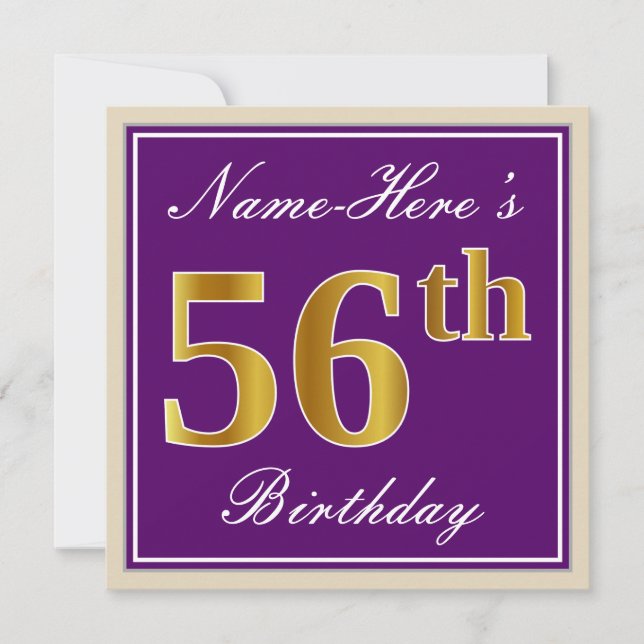 Invitación Elegante, morado, falso oro 56 cumpleaños + nombre (Anverso)