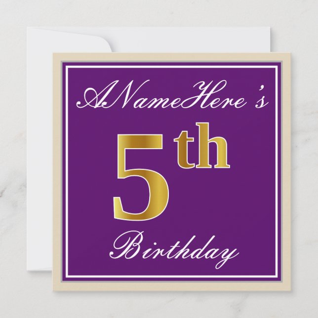 Invitación Elegante, morado, falso oro 5 cumpleaños + nombre (Anverso)