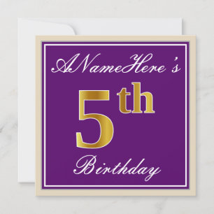 Invitación Elegante, morado, falso oro 5 cumpleaños + nombre