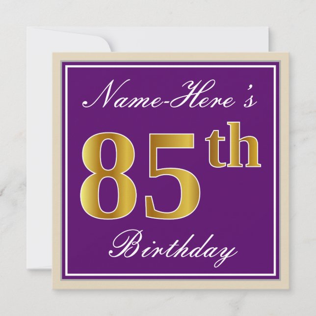 Invitación Elegante, morado, falso oro 85 cumpleaños + nombre (Anverso)