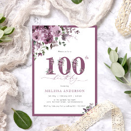 Invitación Elegante Morado Floral 100 cumpleaños