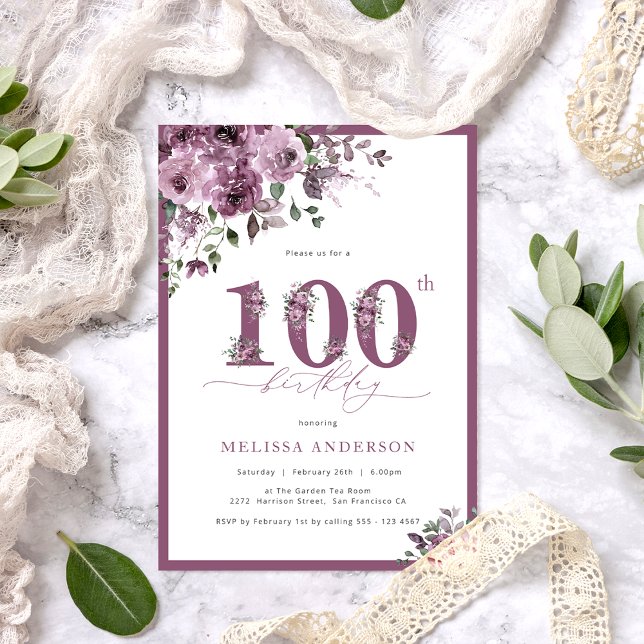 Invitación Elegante Morado Floral 100 cumpleaños (Subido por el creador)