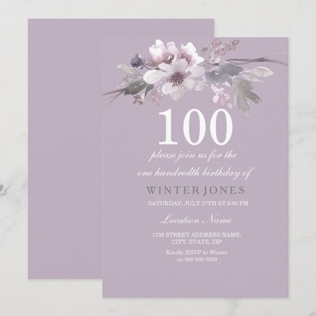 Invitación Elegante Morado Floral 100 cumpleaños invitado (Anverso / Reverso)