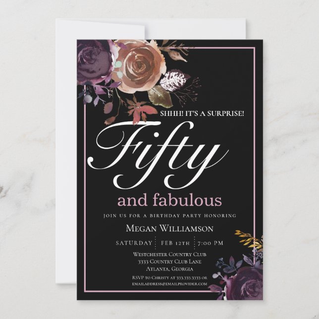 Invitación Elegante morado floral 50 y fabuloso cumpleaños (Anverso)