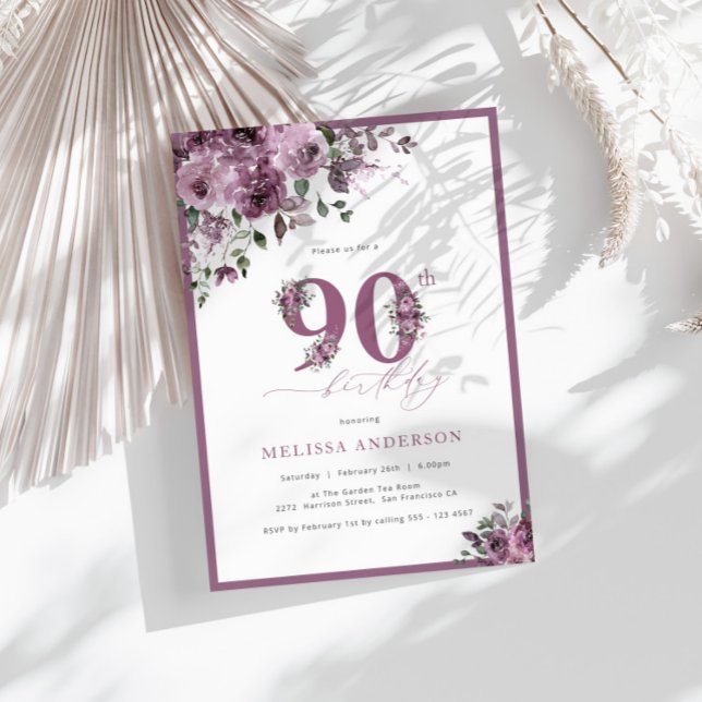 Invitación Elegante Morado Floral 90 cumpleaños (Subido por el creador)