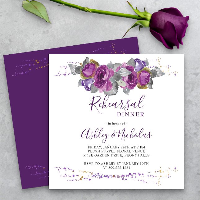 Invitación Elegante Morado Floral Acuarela Ensayo Cena (Purple Floral Rehearsal Dinner invitation from my Plush Purple Wedding Collection)