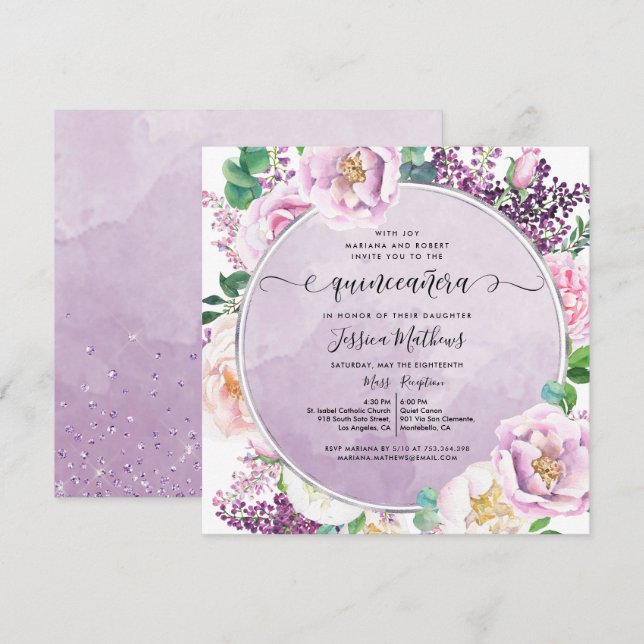 Invitación Elegante Morado Floral, Acuarela Quinceañera (Anverso / Reverso)