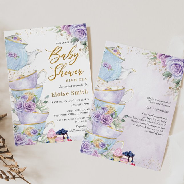 Invitación Elegante morado floral alta Fiesta de té Baby Show (Subido por el creador)