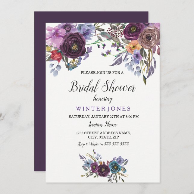 Invitación Elegante Morado Floral Boda de Invierno Ducha de N (Anverso / Reverso)
