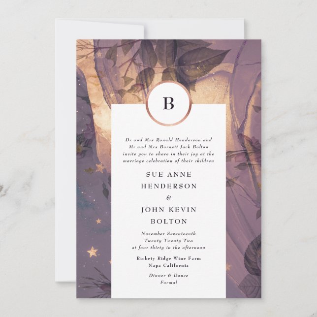 Invitación Elegante morado Floral Boho Fantasy Golden Fall (Anverso)
