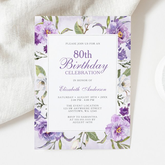 Invitación Elegante Morado Floral Botánica 80 cumpleaños (Subido por el creador)