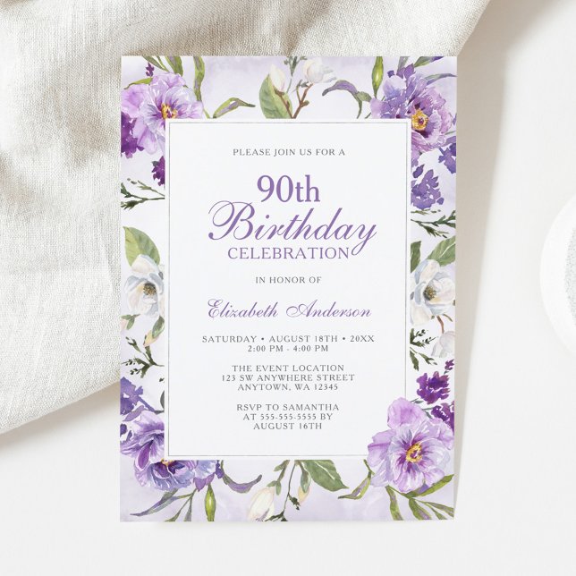 Invitación Elegante Morado Floral Botánica 90 cumpleaños (Subido por el creador)