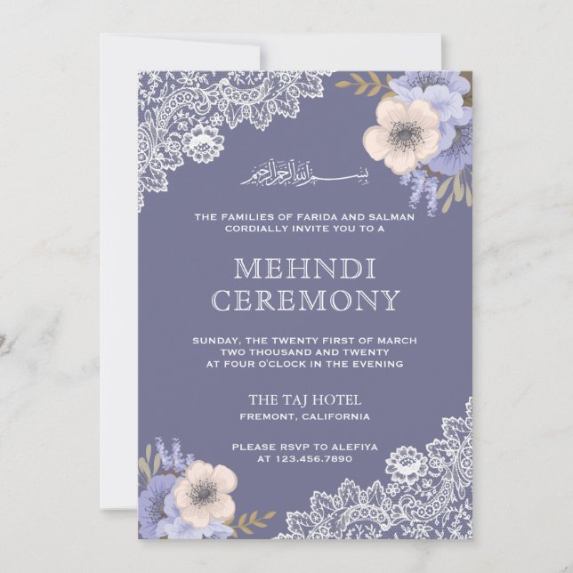 Invitación Elegante morado floral de encaje islámico Mehndi (Anverso)
